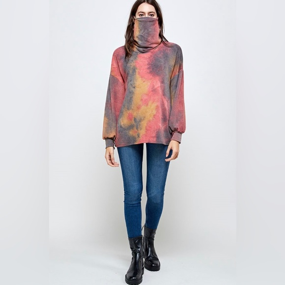 563 ❤️ PLUS SIZE TIE DYE PULLOVER WITH FACE COVERING OPTION- RED MUSTARD - Picture 3 of 4